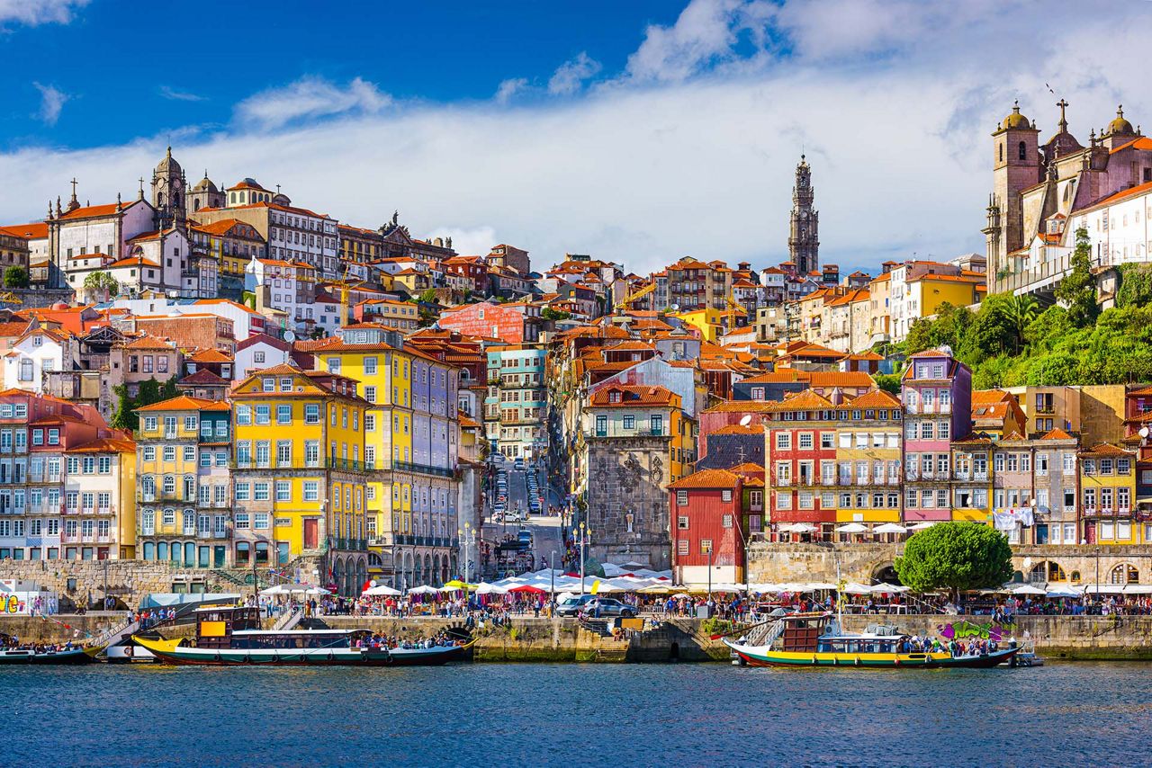 Porto, Portugal old town skyline from across the Douro River.