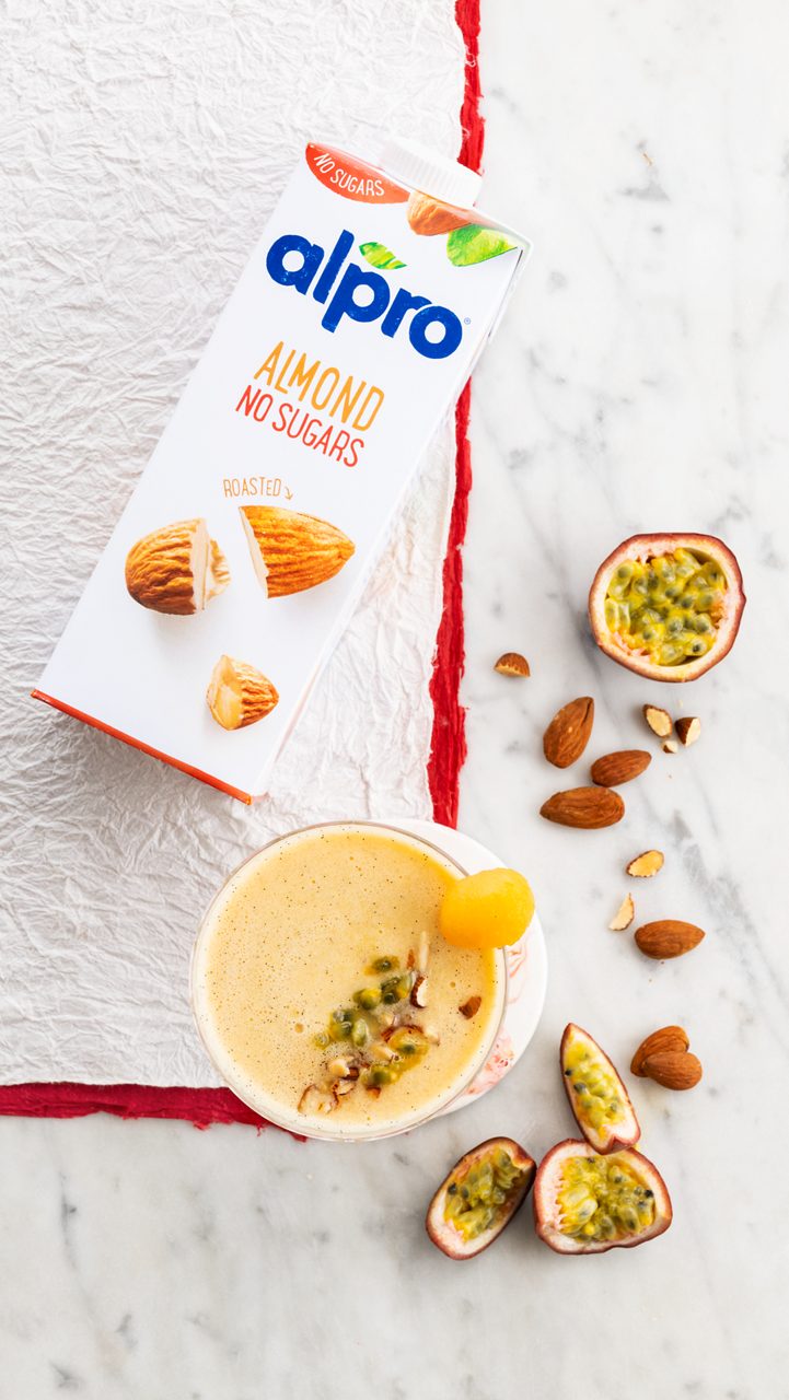 BE776FD0-165B-4E36-801B4008C1ED17CB<br>A_GFY_NA_Master_Recipe_Image_MellowYellowAlmondSmoothie_9x16__Drinks_NoSugars_Almond_NA_TetraUHT_1l_HR_vertical-051.tif<br>"Mellow Yellow Almond Smoothie
"
Fresh fruit, a hint of vanilla plus Alpro Almond No Sugars drink makes for a sin free anytime smoothie
"120g melon (cantaloup)

2 passion fruit

1/8 tsp vanilla extract

200ml Alpro Almond No Sugars drink"
"1. Cut the melon into bite-size chunks and scoop out the passion fruit
2. Pop all those fab ingredients into the blender
3. Whizz until perfectly smooth
4. Pour into a chilled glass, sip and enjoy. Brilliant for a breakfast moment, magic as a mocktail, great anytime, really!

"
lactose free, veggie, vegan, gluten free
/mellow-yellow-almond-smoothie
(Recipe type: smoothies (Prep time: 10 min) (servings: +/- 1 persons) (season: all year) (pool: 1) NOT TO BE TRANSLATED