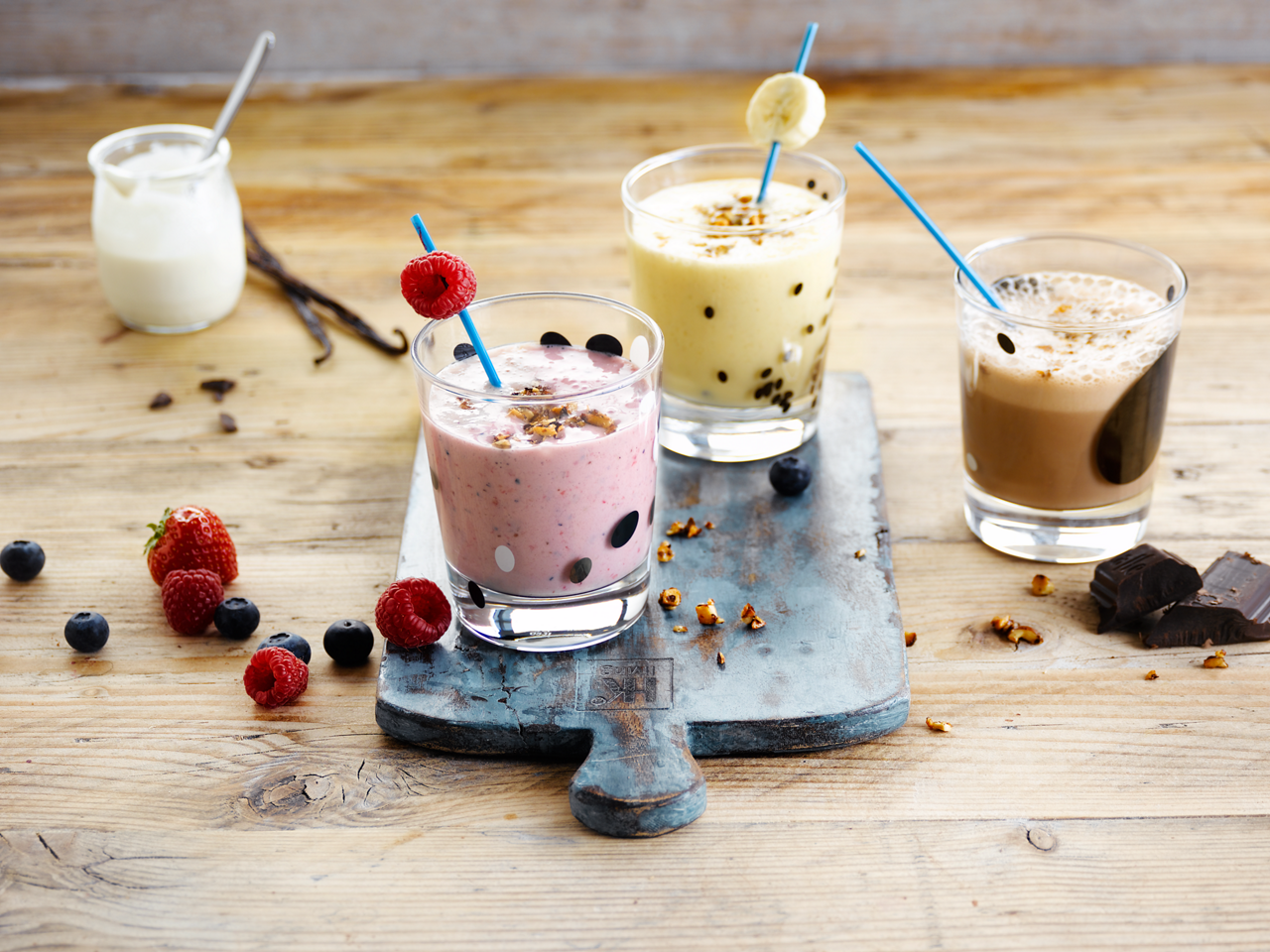 B6D6CD7D-EA55-45D8-84D0480AA7E6D530<br>A_multicolor smoothies_soy flavoured drinks_master<br>60 g hazelnuts1 tbsp honey400 g fruit of your choice (red fruit or banana )800 ml Alpro flavored drink (red fruit or vanilla or chocolate ) 250 g Alpro plant based alternative to yoghurt (simply plain)6 ice cubes 1.Chop the hazelnuts and mix in the honey. Caramelize the nuts in a dry pan . Spoon the nut mixture on parchment paper and let cool.2. Mix the fruit,  Alpro flavored drink , Alpro plant based alternative to yoghurt (simply plain) and ice cubes until smooth.3. Divide into 4 chilled glasses. Garnish with caramelized nuts.