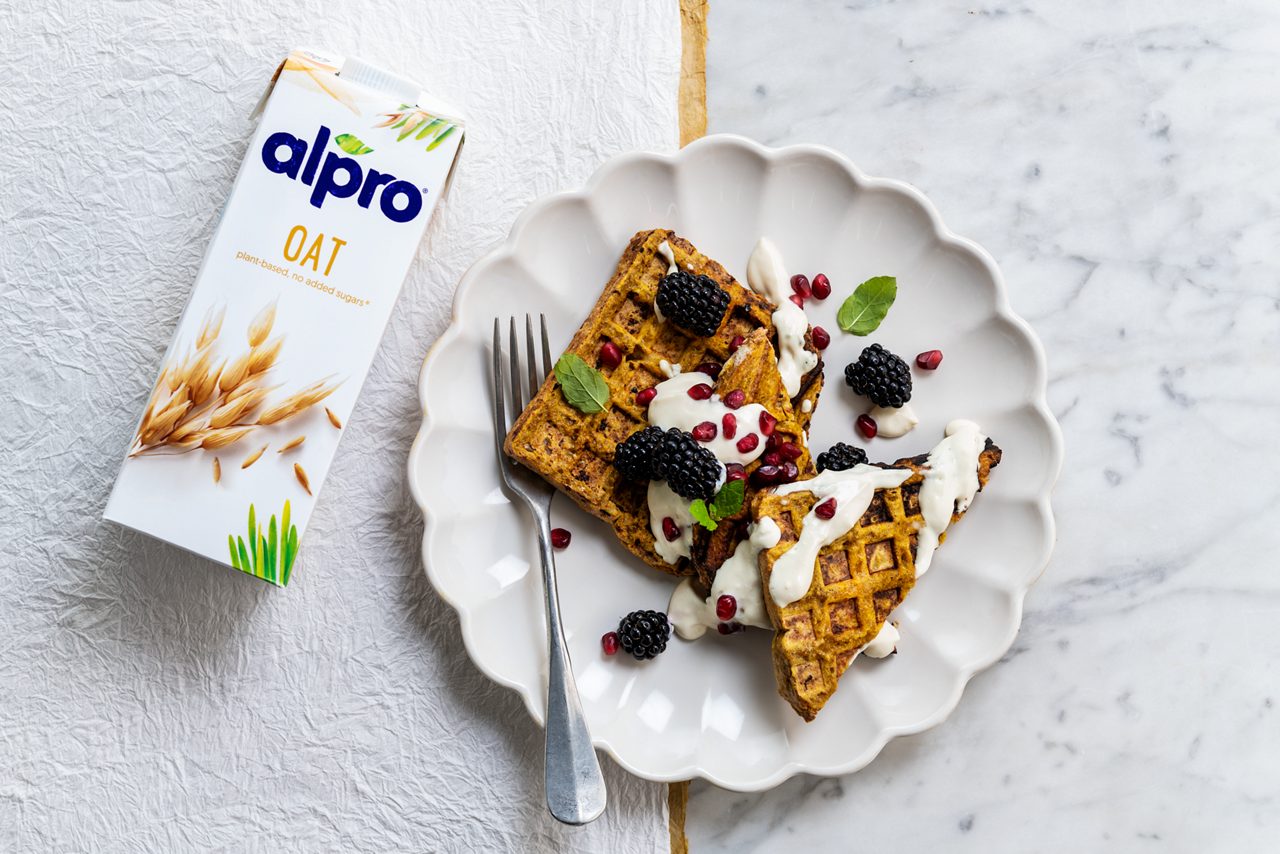 3B15EA0B-0899-4DE9-8B01E11370596F05<br>A_Moments_Moments_Master_Recipe_Image____Drinks_Origins_Oat_NA_TetraUHT_1l_HR_Frenchtoastwaffle 3x2-074.tif<br>french_toast_waffle_title	Vegan French toast waffle
french_toast_waffle_subtitle	A simple waffle hack with an oatsome, custardy taste
french_toast_waffle_ingredients	"Plant-based oil for spraying
4 slices wholewheat bread
120ml Alpro Oat drink
1 packet of custard powder (50 g)
1 tsp pumpkin spice
3 tbsp maple syrup + extra for serving
To serve: Alpro Plant Based Alternative to Yoghurt, fruit of choice"
french_toast_waffle_preparation	"1 Start by heating up your waffle maker and coat the inside using an oil spray.
2 In a shallow bowl, mix together the Alpro Oat drink, custard powder, pumpkin spice and maple syrup.
3 Float the bread in it, giving each side a good soaking before you flip it to do the other.
4 Pop the bread into the waffle machine and toast for a few minutes until golden brown. Serve up with a dollop of Alpro Plant Based Alternative to Yoghurt, your favourite fruit and a generous drizzle of maple syrup. Enjoy it while it's hot and crispy!"
french_toast_waffle_tags	veggie, vegan, lactose free
french_toast_waffle_url	/french-toast-waffle
french_toast_waffle_info	(Recipe type: BREAKFAST/SNACK (Prep time: 10 min) (baking time: 10-12 min) (servings: 4 ) (season: all seasons)
french_toast_waffle_lactosetip	/
french_toast_waffle_veggietip	/
french_toast_waffle_trendtip	No waffle maker? Just pan fry in a little coconut oil.
french_toast_waffle_glutentip	use gluten free bread
french_toast_waffle_product	Alpro Oat drink
french_toast_waffle_searchterms	Alpro, Alpro recipe, waffle, breakfast, healthy, oat, snack, french toast, plant based