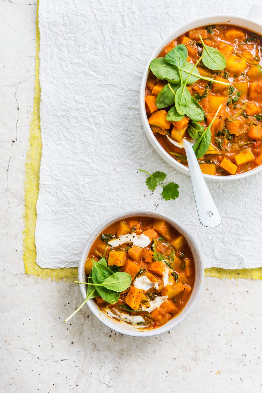0B653C34-48D9-4A6F-937D70B2D2B6C948<br>A_NA_NA_Master_Recipe_Image_vegetablestew___GreekStyle_NA_Soy_NA_Pot_400g_HR_vertical.tif<br>Vegetable Stew

Warm up with this wholesome, hearty stew made with Alpro Plain Soya alternative to Greek Style yogurt

"220g Alpro Plain Soya alternative to Greek Style yogurt
600ml water
900g vegetables: potato, pumpkin and sweet potato
200g spinach
2 onions
2 garlic cloves
4cm ginger, grated
½ red chilli pepper (optional)
500ml tomato passata
1 ½ tbsp garam masala or ras el hanout
1 tbsp curry powder
1 tsp turmeric
1 lime, juice
Fresh coriander
2 tbsp olive oil or coconut oil
Salt & pepper"

"1.	First peel the veggies and cut into equal sized chunks. Finely chop the onion and chilli; grate the ginger and crush the garlic.
2.	Next, heat the oil and fry onion, garlic, ginger and chilli until the onions are translucent. Add the spices and cook for 1-2 minutes, stir-frying to release all the wonderful aromas. Add all the veggies (except the spinach), tomato passata, water and coriander.
3.	Let it simmer for 20-30 minutes on a low heat, stirring frequently until the potatoes are soft. Now add the spinach and Alpro Plain Soya alternative to Greek Style yogurt and simmer for a further 2 minutes just to wilt the spinach.
4.	Season with salt and a little lime juice. Serve steaming hot, sprinkled with a few extra fresh coriander leaves if you like. A super-sustaining, one pot meal in a bowl!"