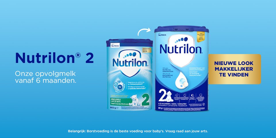 Nutrilon 2 opvolgmelk vanaf 6 maanden met nieuwe verpakking, gemakkelijker te herkennen.