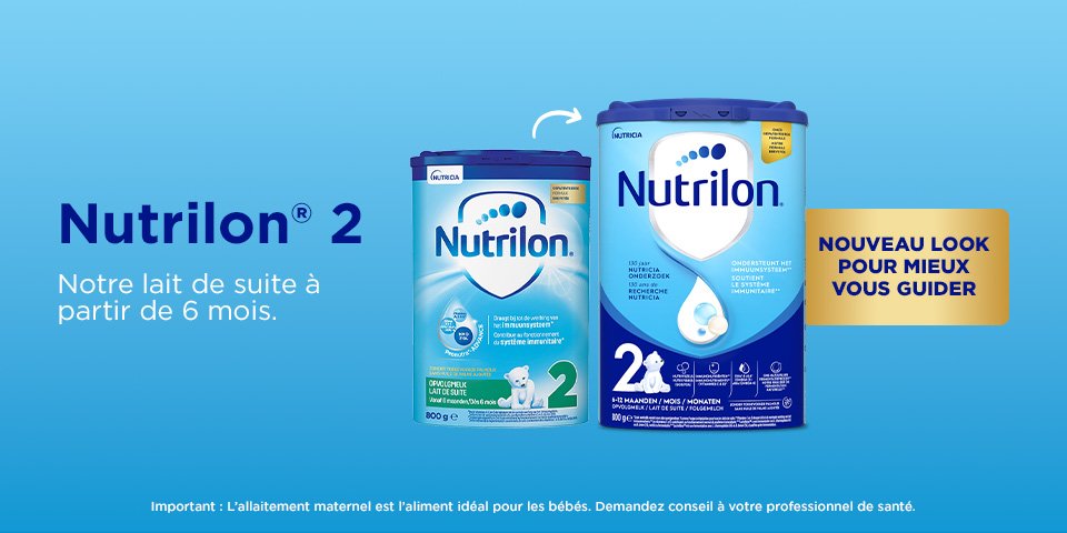 Nutrilon 2 lait de suite dès 6 mois avec un nouvel emballage, plus facile à reconnaître.
