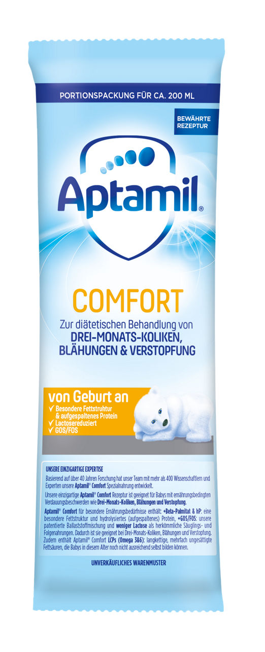 Aptamil Comfort Portionspackung zur diätetischen Behandlung von Koliken, Blähungen und Verstopfung bei Säuglingen.
