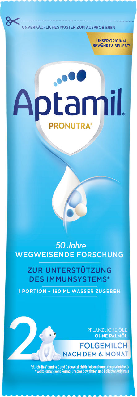 Aptamil Pronutra Folgemilch ab dem 6. Monat in Portionsbeutel, unterstützt Immunsystem durch Vitamin C und D.