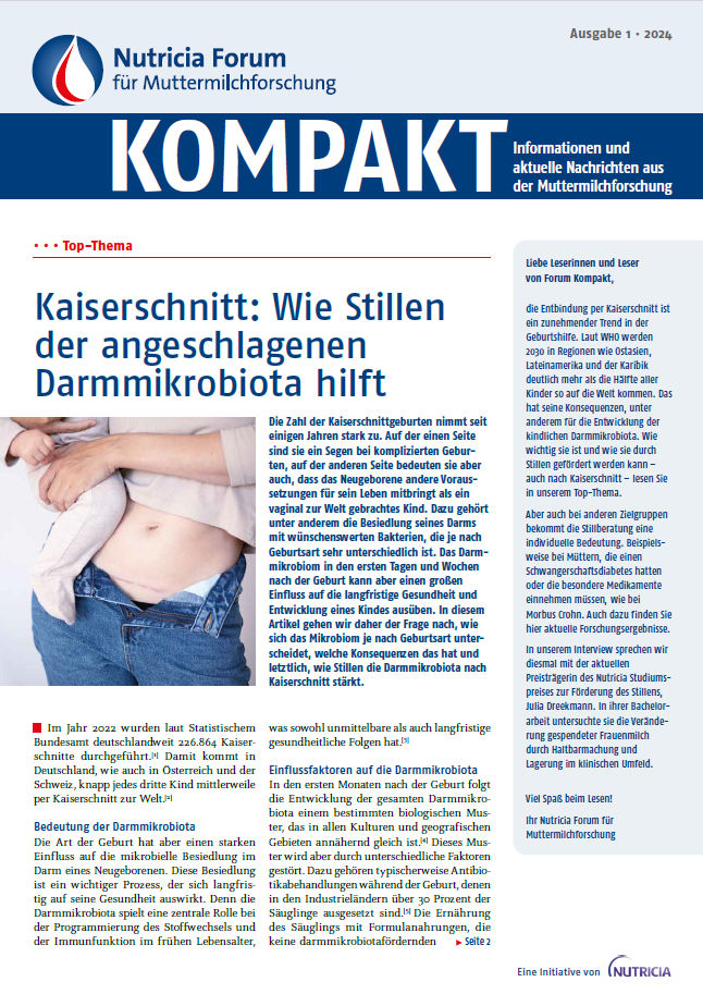Titelblatt des Nutricia Magazins zu Muttermilchforschung mit Schwerpunkt Stillen nach Kaiserschnitt und Darmmikrobiota.