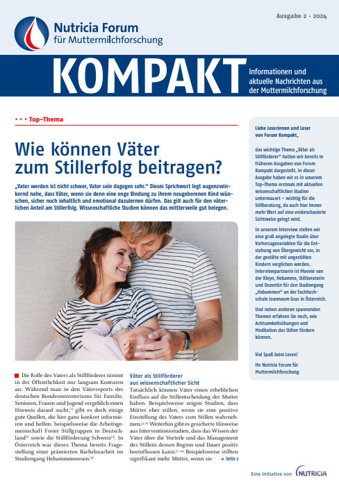 Ein Elternpaar hält ein Baby im Arm, darüber Text zum Thema väterliche Unterstützung beim Stillerfolg.