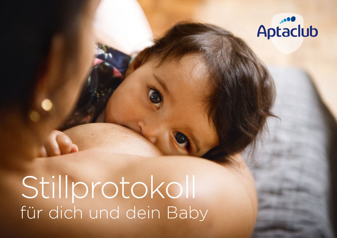 Ein Baby wird von seiner Mutter gestillt, daneben steht der Text „Stillprotokoll für dich und dein Baby“ mit Aptaclub-Logo.