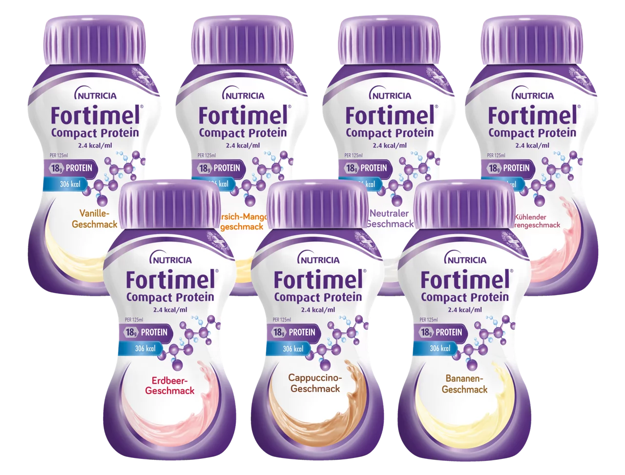 Sieben Flaschen Fortimel Compact Protein von Nutricia in verschiedenen Geschmacksrichtungen stehen nebeneinander.