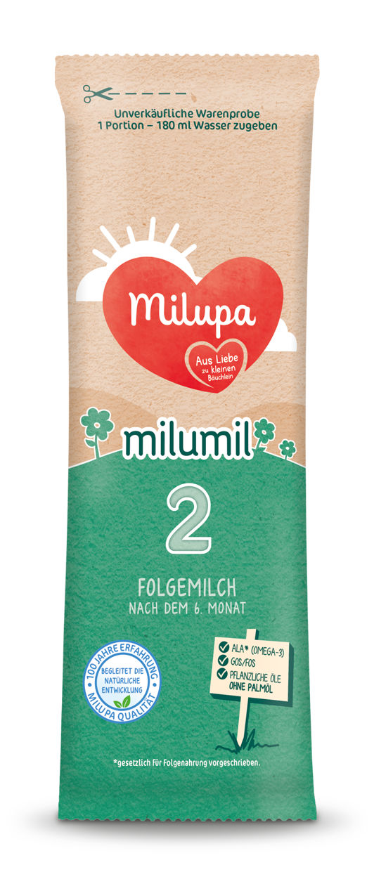 Eine Packung Milupa Milumil 2 Folgemilch nach dem 6. Monat mit Informationen zu Zutaten und Anwendungshinweis.