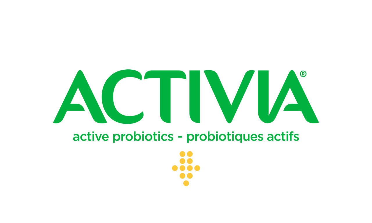 Logo d'Activia, avec une bannière verte et un lever de soleil jaune.