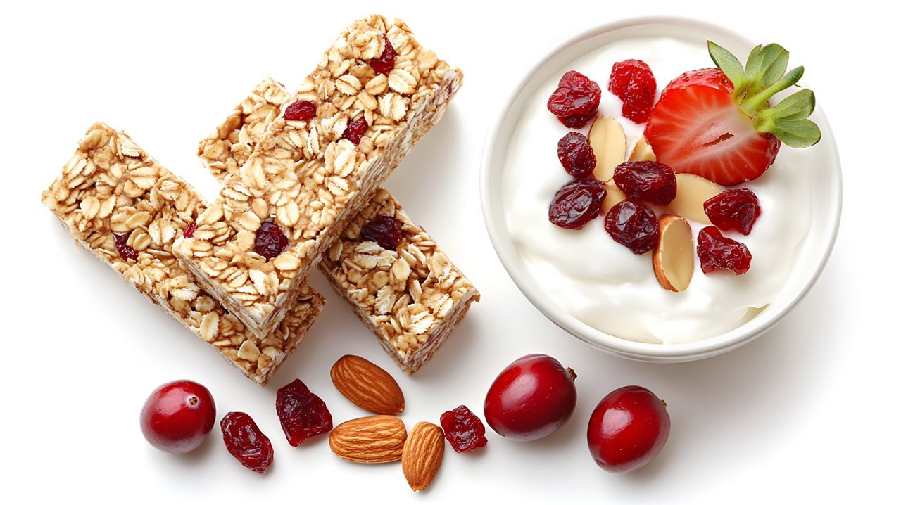 Healthy breakfast: granola bars, yogurt with cranberries, almonds, and strawberry. Perfect for a nutritious and delicious start to your day.  High-angle view on white background.