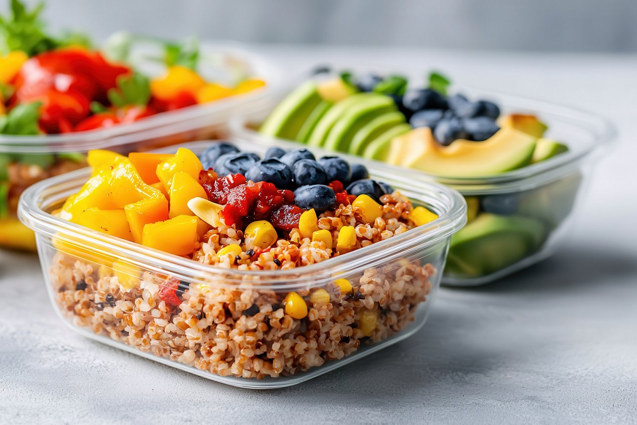 Vegan meal prep in glass containers