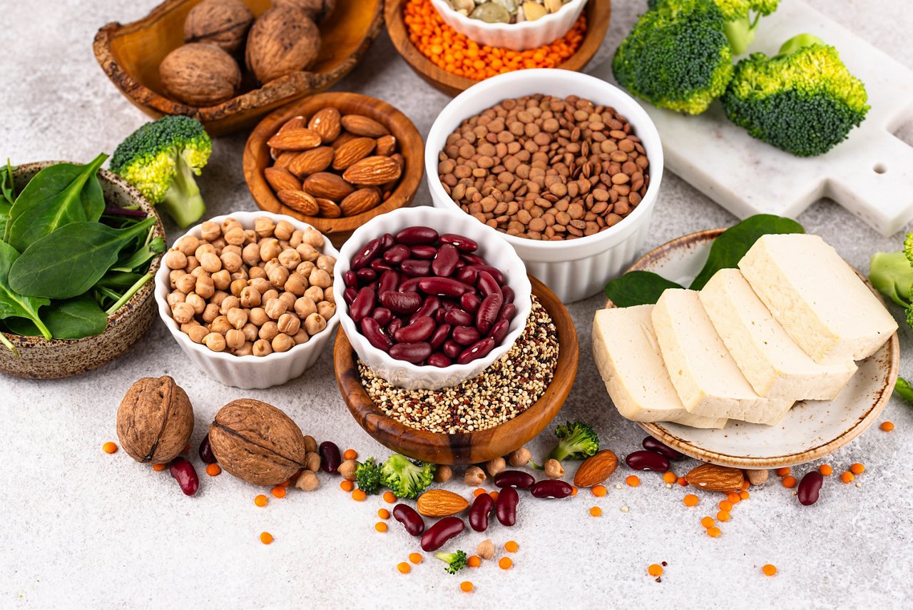 Asortment of plant based vegan protein products, healthy food concept