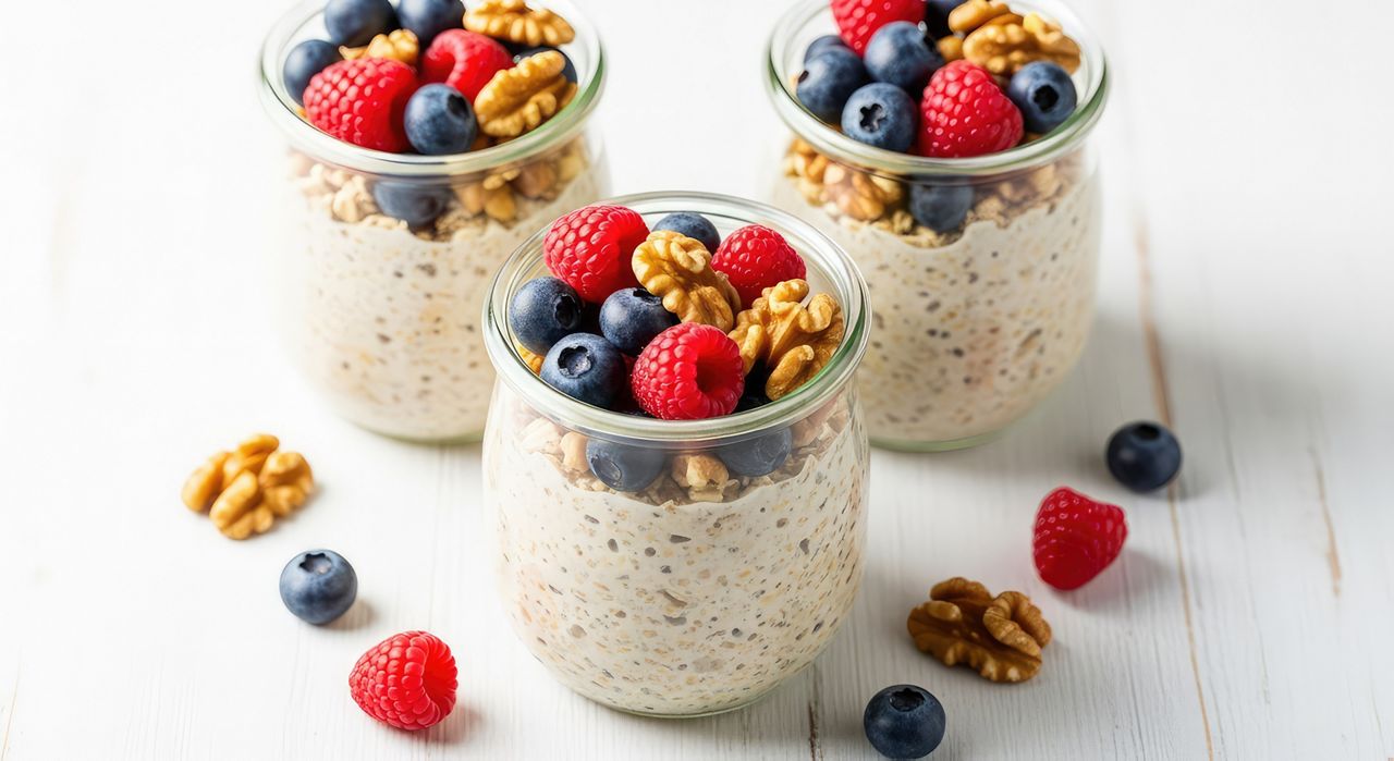 Creamy overnight oats in clear glass jars, topped with fresh blueberries, red raspberries, and crunchy walnuts on a bright wooden surface, vegetarian, jars, food