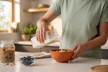 A woman carefully pours plant based milk from a glass carton into an orange bowl filled with cereal, blueberries, and granola for a nutritious morning meal