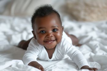 Smiling black baby girl in white bodysuit on cotton bed at home