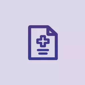 A minimalist medical document icon featuring a cross and text lines, displayed on a light purple background. The design is simple and clean, suitable for healthcare or medical-related themes. No visible text or numeric values are present.