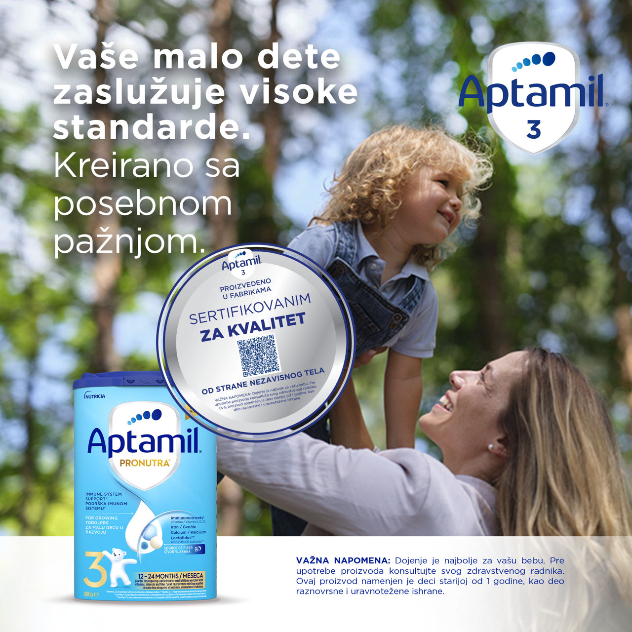 Aptamil® 3 PRONUTRA® prah za pripremnu mlečnog napitka za malu decu od 12-24 meseca 800 g - Proizvedeno u fabrikama sertifikovanim za kvalitet