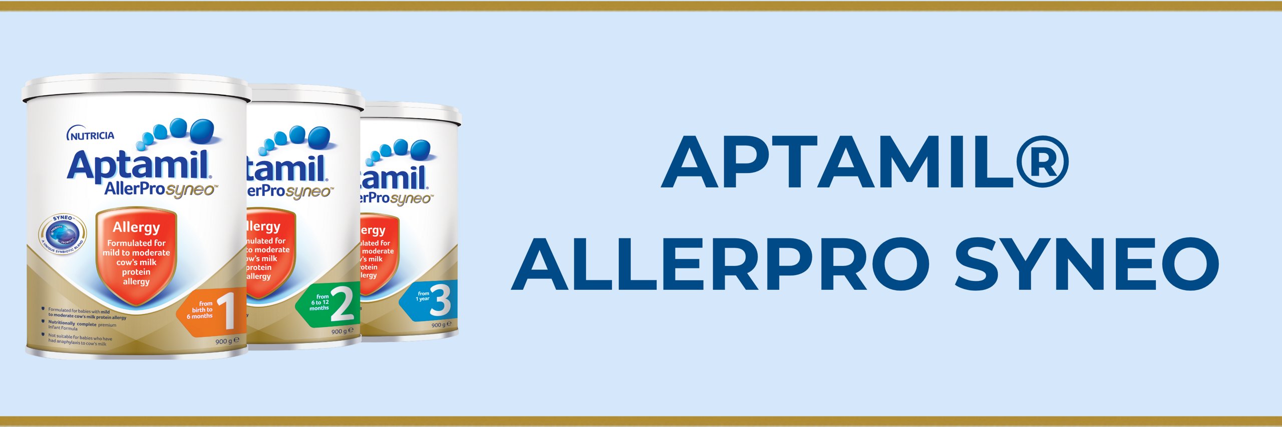 Three Aptamil AllerPro Syneo formula cans are displayed against a light blue background. The cans are labeled with different stages, including numbers 1, 2, and 3, and the text highlights allergy and synbiotic care. The right side of the image features bold text reading 'APTAMIL® ALLERPRO SYNEO'.