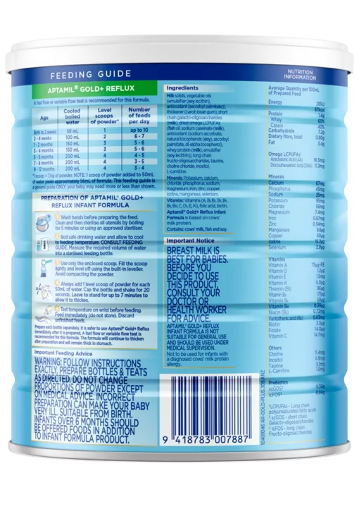 Back view of Aptamil Gold+ Reflux infant formula container showcasing detailed feeding guide, ingredients, and nutritional information. The packaging includes explicit instructions for use and important notices about infant feeding. Barcode and visible text such as 'Aptamil Gold+ Reflux' are clearly displayed.