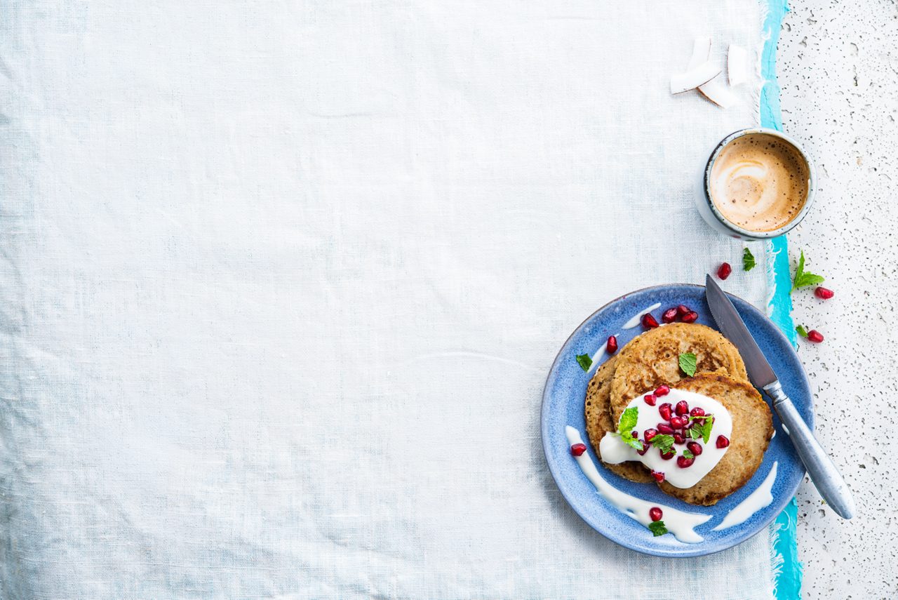 D02045C8-587E-43D4-BD44F1043AC8FD63<br>A_CoconutDrink_NA_Master_Recipe_Image_buckwheatbananapancakes___Drinks_NA_Rice_Coconut_TetraUHT_1l_HR_horizontal.tif<br>Buckwheat Banana pancakes

Buck up your taste buds with buckwheat & banana pancakes using Alpro Coconut Drink

"For the pancakes:
200ml Alpro Plain with Coconut 
100-150ml Alpro Coconut Drink
250g buckwheat flour
1 large ripe banana
1 tsp baking powder
A pinch of salt
1 tbsp coconut or groundnut oil, or Alpro Margarine for Baking and Frying

Toppings:
12 tbsp Alpro Plain with Coconut 
8 tbsp pomegranate seeds
4 tbsp chia seeds (optional)"

"1. Why wait for Pancake Day! Mix the buckwheat flour, salt and baking powder in a bowl. In another bowl, mash the banana and mix with the Alpro Plain with Coconut and the Coconut Drink . 
2. Combine the wet and dry mixtures and blend until you have a nice, smooth batter. If it’s too thick, just splosh in a little more Coconut Drink.
3. Next, heat up some coconut oil on a medium heat. Ladle around 3 tbsp of batter into the pan and cook for 3-4 minutes, flip over and cook for another 2 minutes. Carry on until you’ve used all your batter.
4. Serve topped with the Alpro Plain with Coconut and pomegranate seeds. Chia seeds, too, if you like. Breakfast, dessert, snack – make these any time you feel like a yummy plateful of plant-based goodness!"