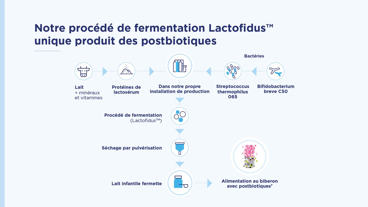 Schéma du processus de fermentation Lactofidus produisant des postbiotiques pour les formules infantiles fermentées.