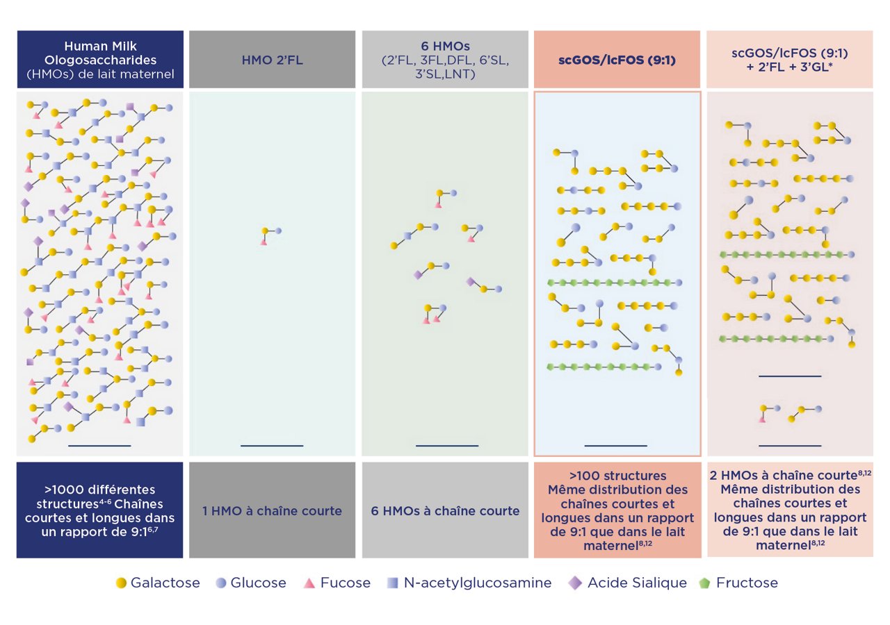 Comparaison des structures d’oligosaccharides du lait maternel et des mélanges d’HMO.
