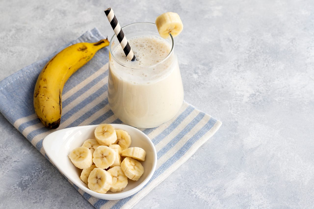 Milkshake with banana, healthy breakfast