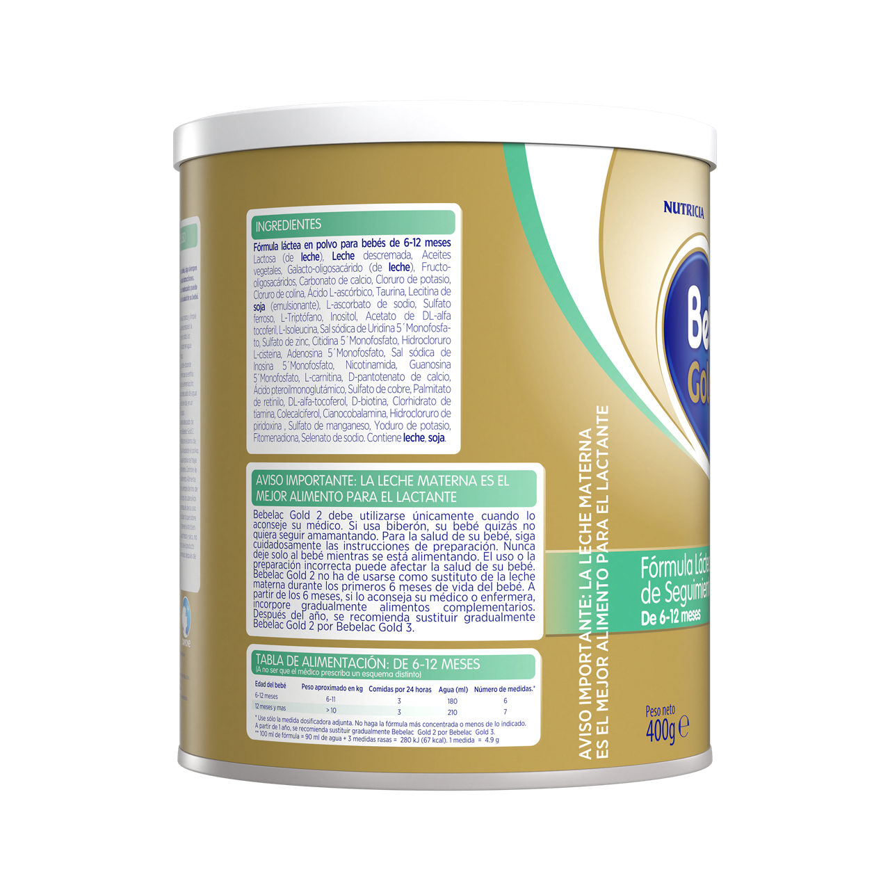 Bebelac Gold 2 Bebelac 2 fórmula seguimiento polvo etapa 2 envase amarillo verde 400g para bebés 6 a 12 meses costado derecho