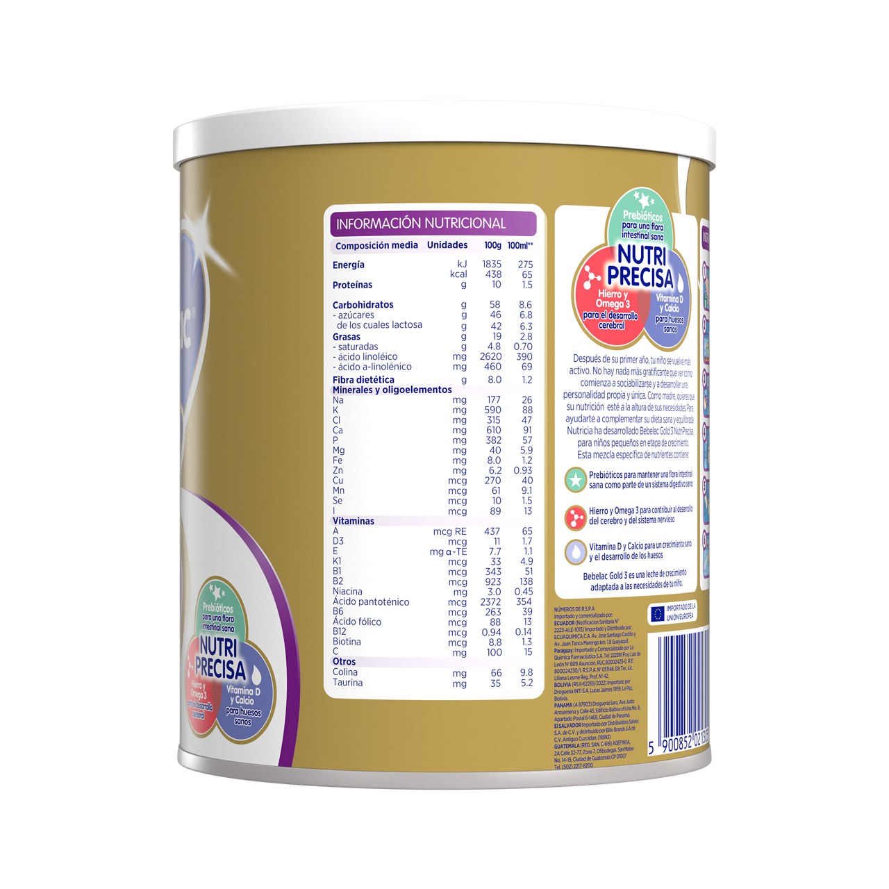 Bebelac Gold 3 Bebelac 3 fórmula crecimento polvo para niños pequeños envase amarillo morado 400g para bebés desde 12 meses costado izquierdo