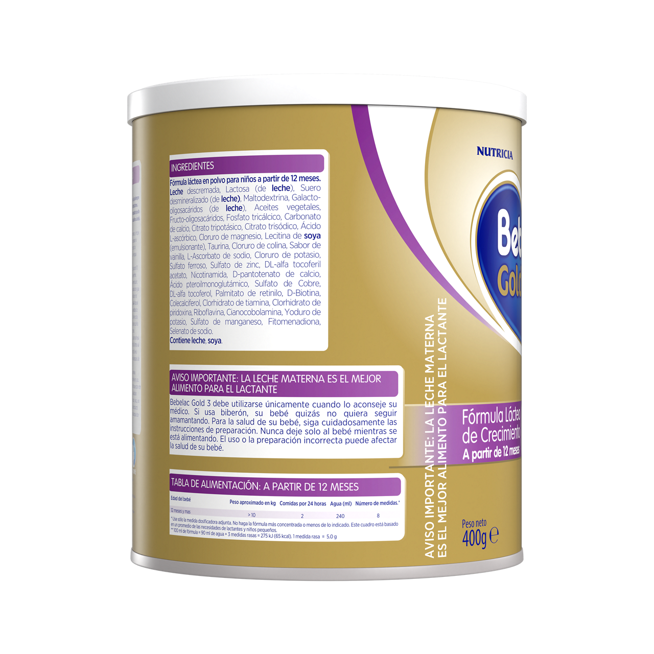 Bebelac Gold 3 Bebelac 3 fórmula crecimiento polvo etapa 3 envase amarillo morado 400g para bebés desde 12 meses costado derecho