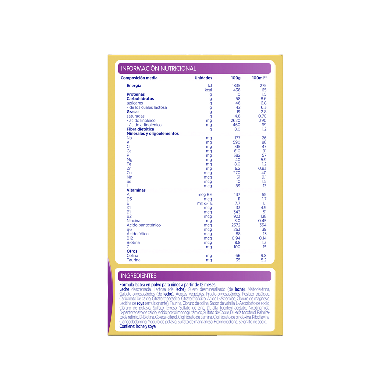 Bebelac Gold 3 Bebelac 3 fórmula láctea de crecimento polvo para niños desde 12 meses  envase amarillo morado 400g costado izquierdo - Bebeclub Ecuador