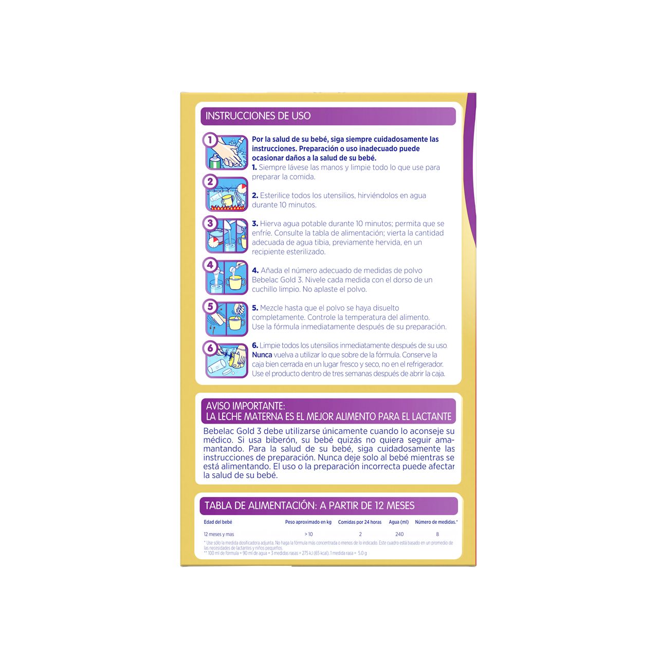 Bebelac Gold 3 Bebelac 3 fórmula láctea de crecimiento polvo para niños desde 12 meses envase amarillo morado 400g costado derecho - Bebeclub Ecuador
