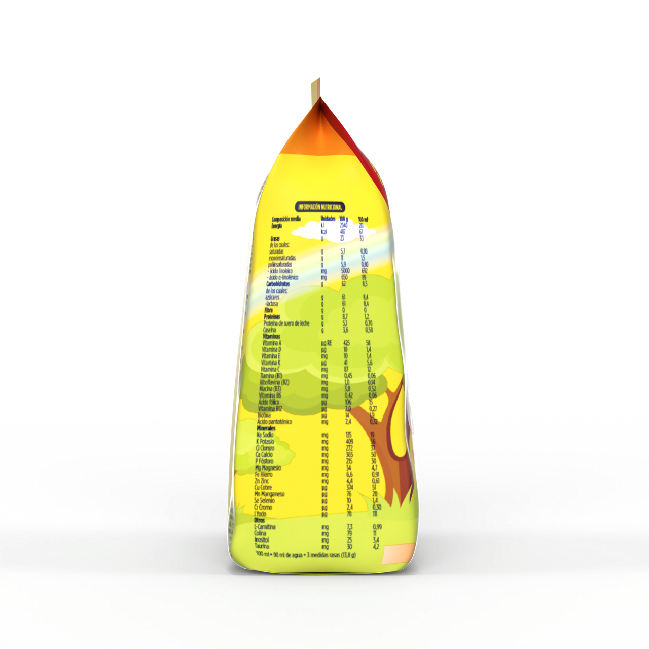 Bebelac NUTRIOPTI 1 fórmula infantil en polvo para bebés de 0 a 6 meses bolsa amarillo naranja 375 g costado derecho - Bebeclub Bolivia