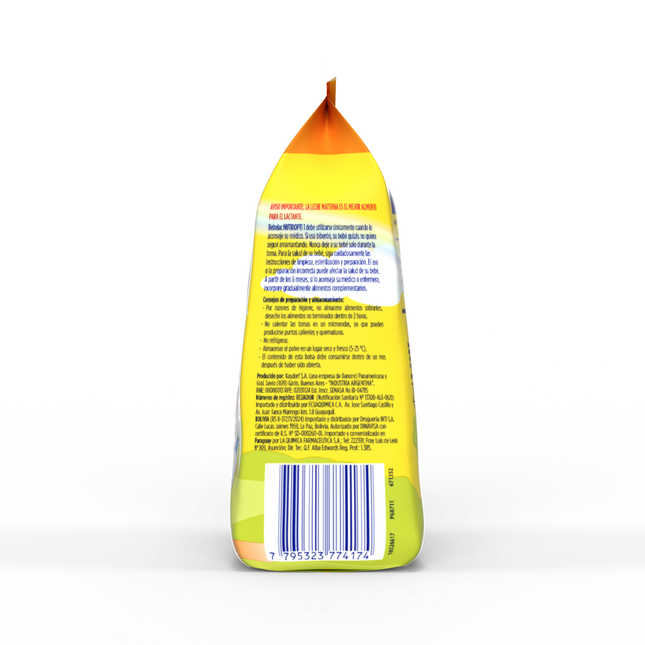 Bebelac NUTRIOPTI 1 fórmula infantil en polvo para bebés de 0 a 6 meses bolsa amarillo naranja 375 g costado izquierdo - Bebeclub Paraguay