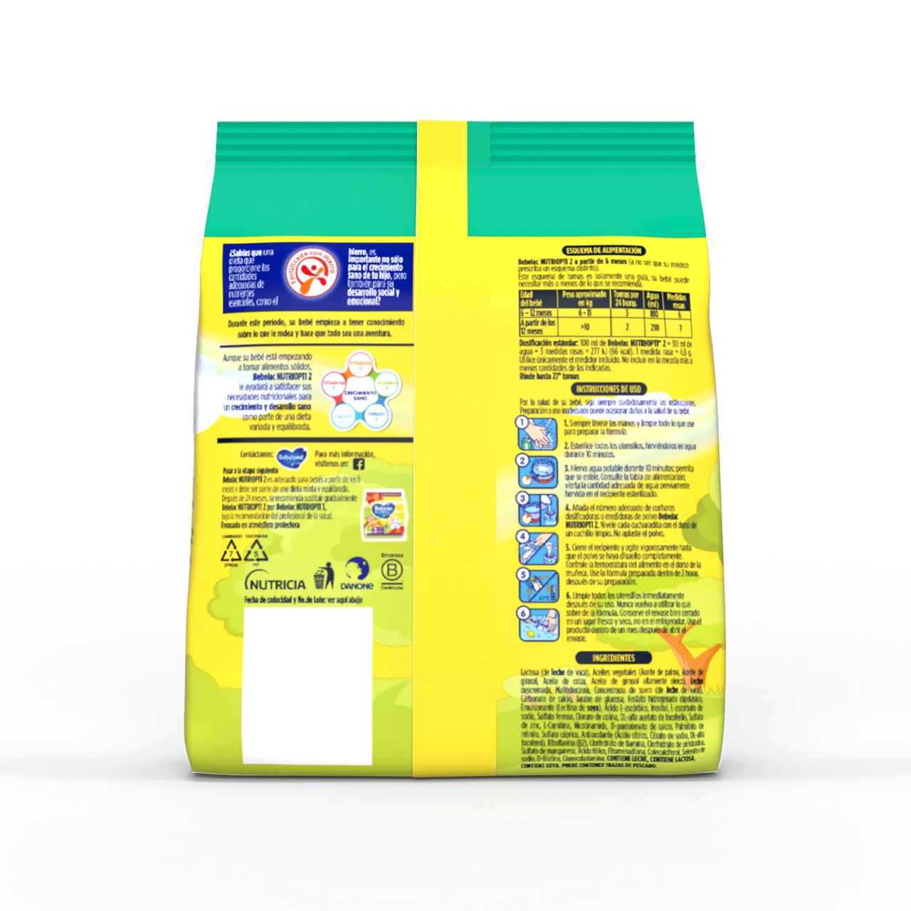 Bebelac NUTRIOPTI 2 fórmula de seguimiento en polvo para bebés a partir de 6 meses bolsa amarillo verde 375 g - Bebeclub Bolivia