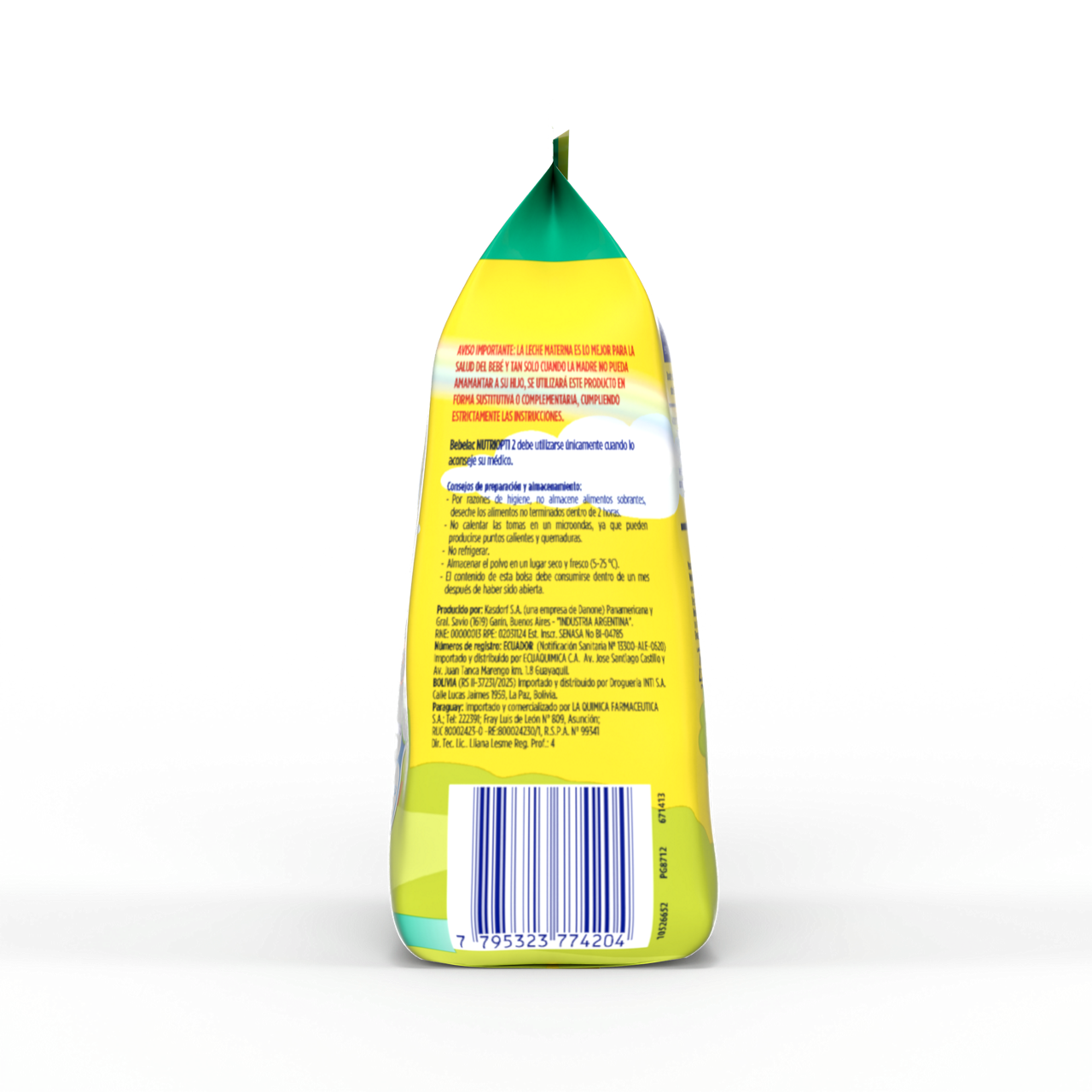 Bebelac NUTRIOPTI 2 fórmula de seguimiento en polvo para bebés a partir de 6 meses bolsa amarillo verde 375 g costado izquierdo - Bebeclub Paraguay