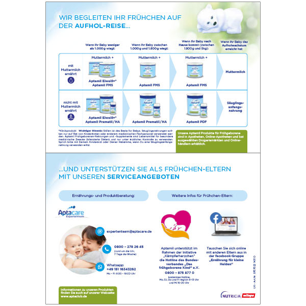 Aptamil-Produkte für Frühchen werden je nach Gewicht mit Still- oder Spezialnahrung zum Ernähren empfohlen.