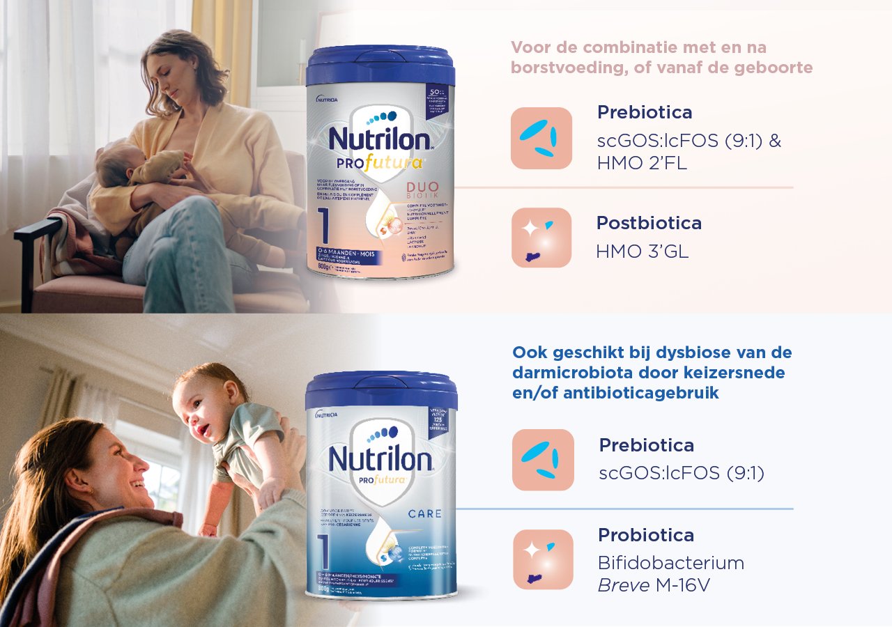 Nutrilon-producten met pre-, pro- en postbiotica voor babyvoeding.