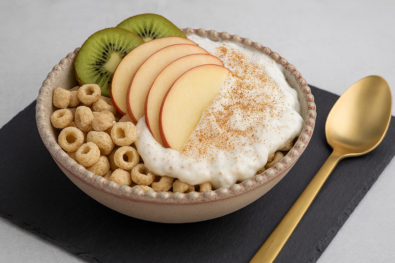 Bowl of oatmeal topped with berries, served with yogurt and spoons.