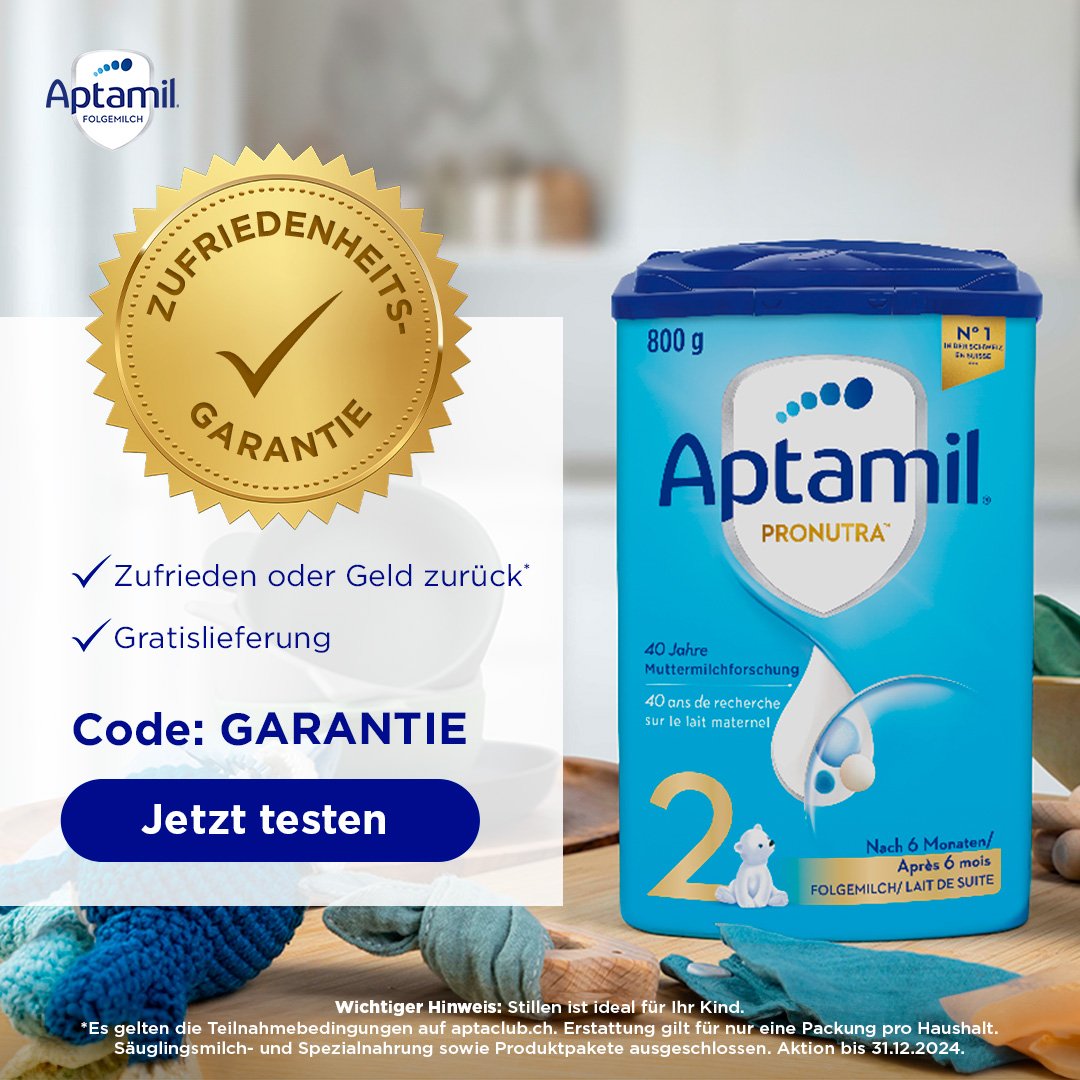 Bild von Aptamil Pronutra 2 mit einem Zufriedenheits-Garantie Siegel