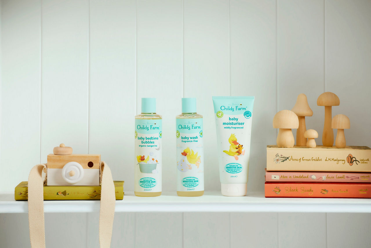 childs farm baby bath products on a shelf