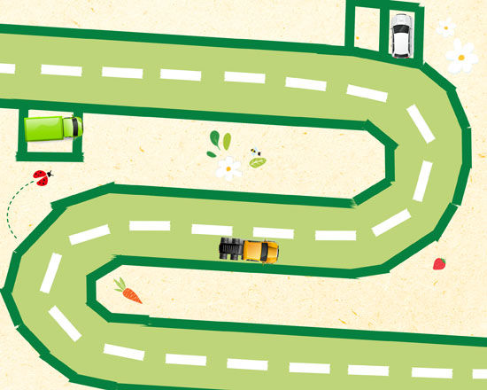Illustration representant une route sinueuse verte avec des marquages blancs. Trois vehicules, dont un camion vert, un camion jaune et une voiture blanche, sont positionnes a differents endroits de la route. L'arriere-plan comprend des elements ludiques tels que des fleurs, des feuilles et des petits fruits, ajoutant une touche fantaisiste a la scene.