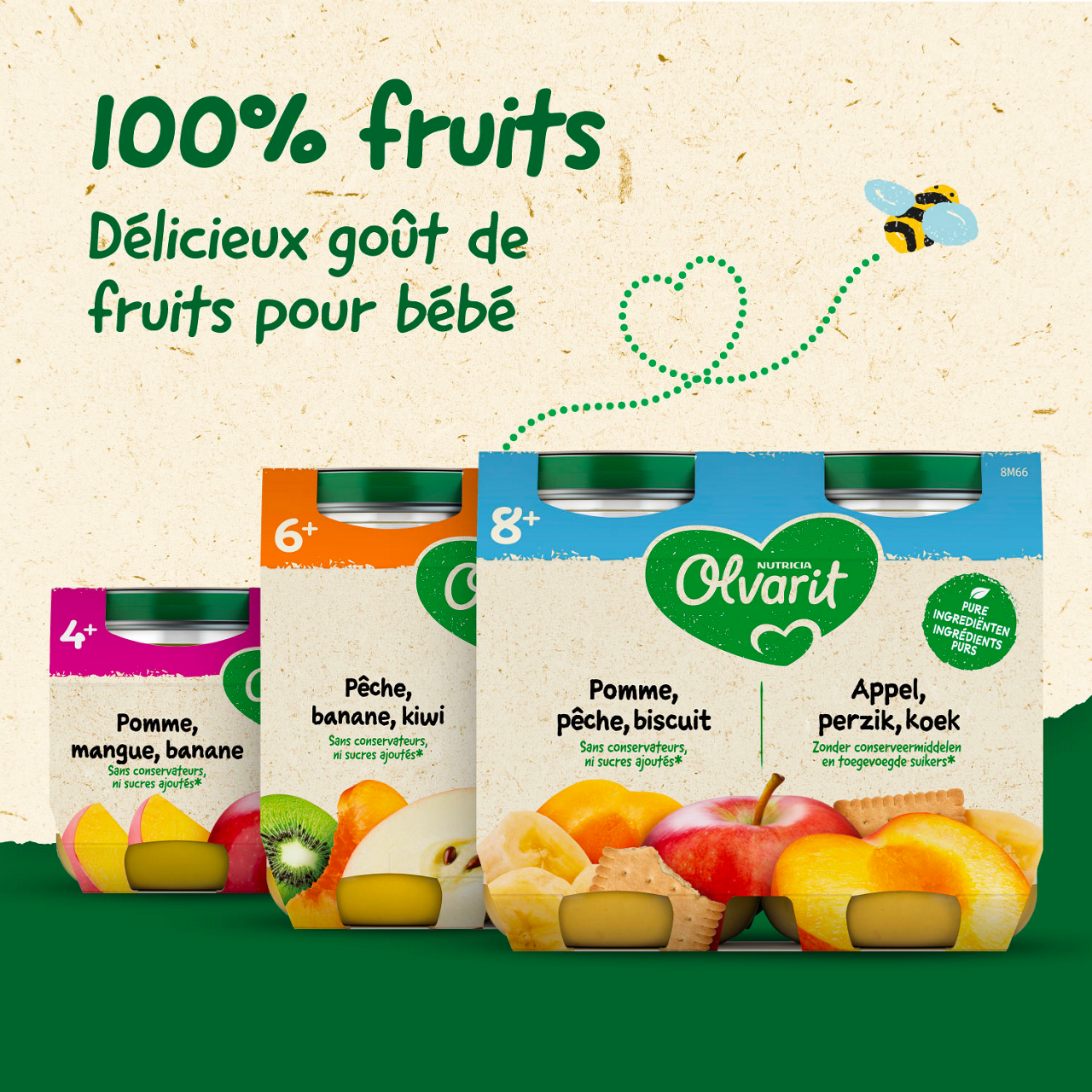 Ma première Cuillère Pomme, Mangue, Banane (125 g). Consultez notre site web Olvarit.be pour plus d'info sur alimentation pour bébé et les produits Olvarit.