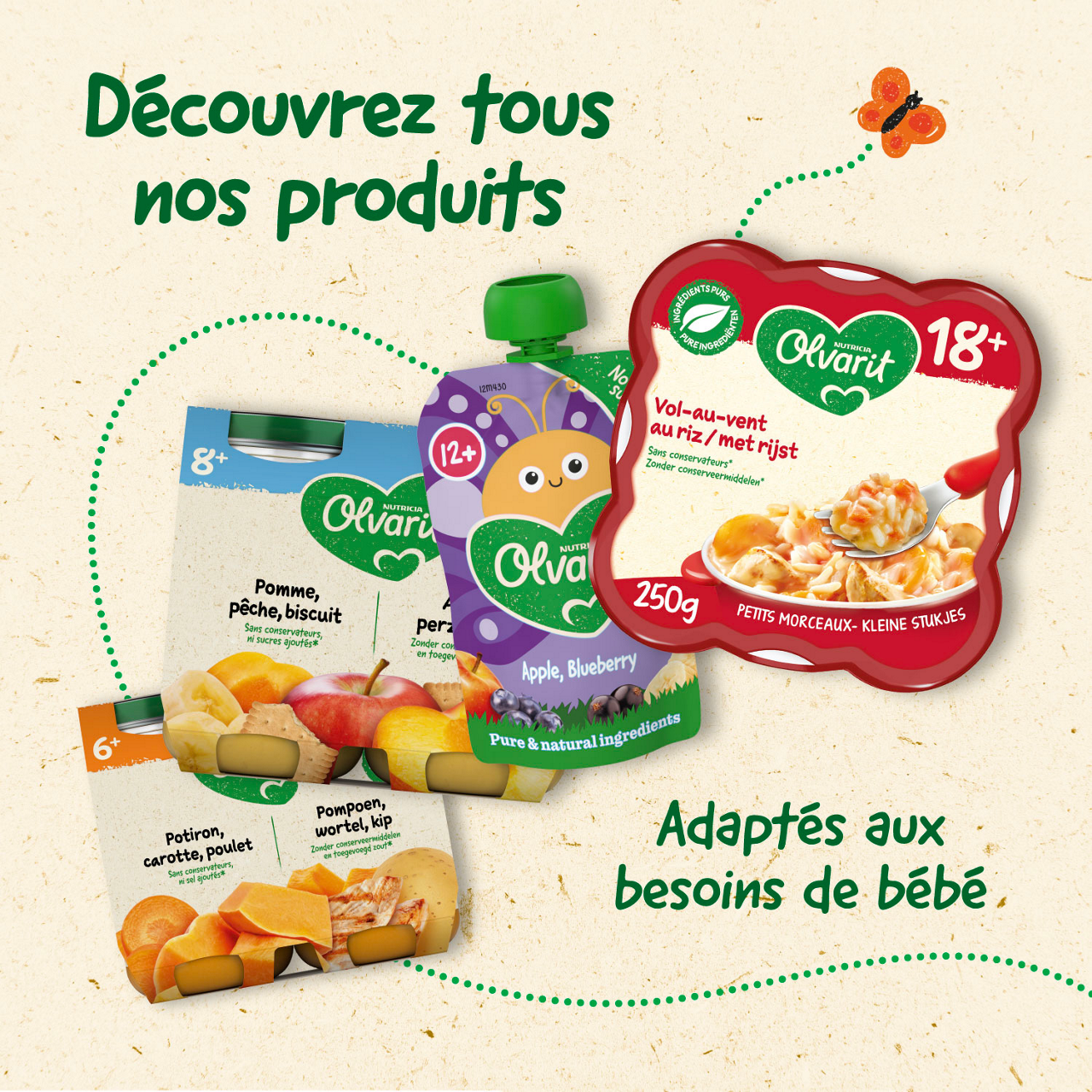 Olvarit Petits pois dinde riz (250 g). Consultez notre site web Olvarit.be pour plus d'info sur alimentation pour bébé et les produits Olvarit.