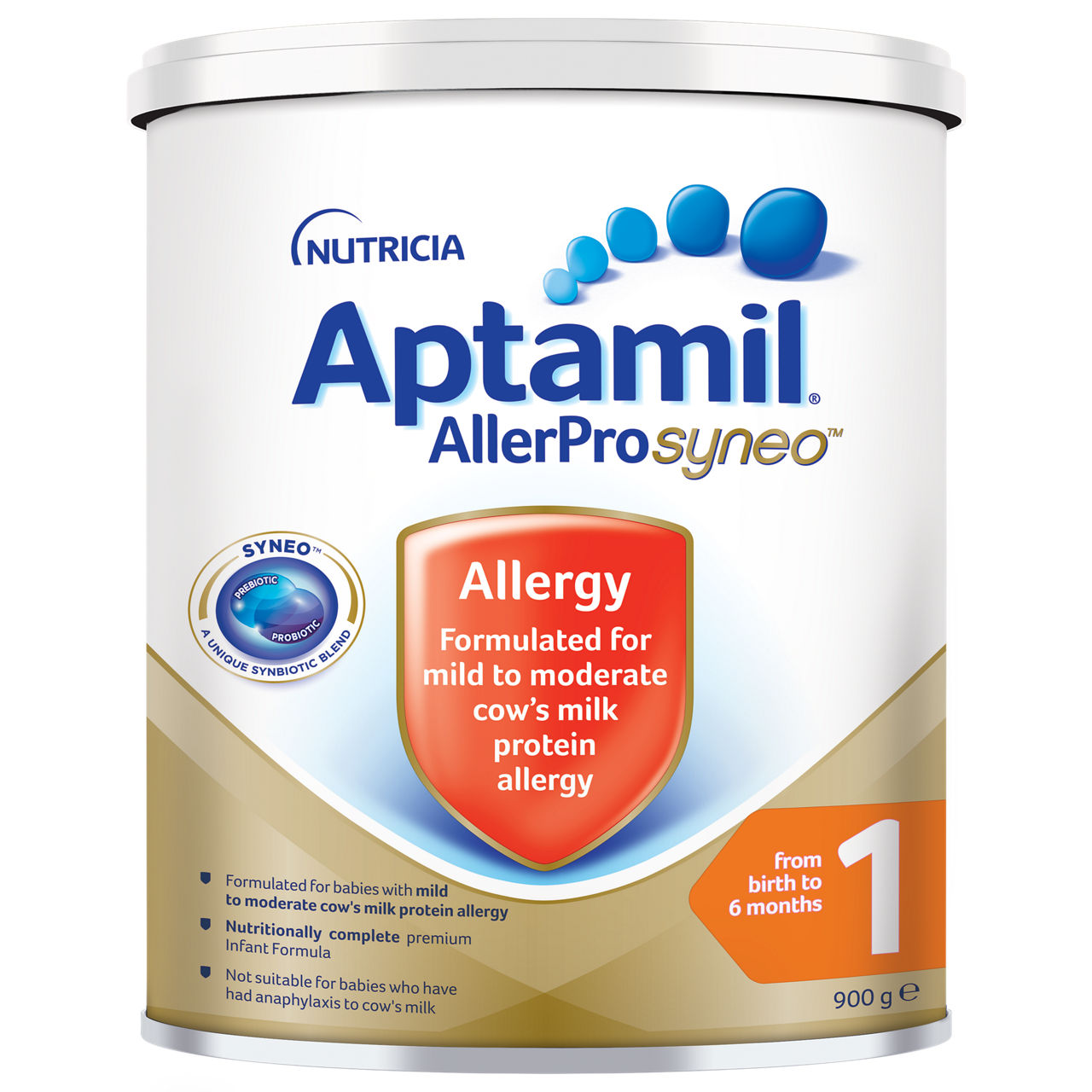 Aptamil AllerPro Syneo infant formula tin is designed for babies with mild to moderate cow's milk protein allergy. The product is suitable for infants from birth to 6 months, as indicated on the packaging. The tin features a clean, clinical design with blue and gold accents, and includes visible text such as '900 g' and '1'. Key information about allergy formulation and nutritional completeness is highlighted.