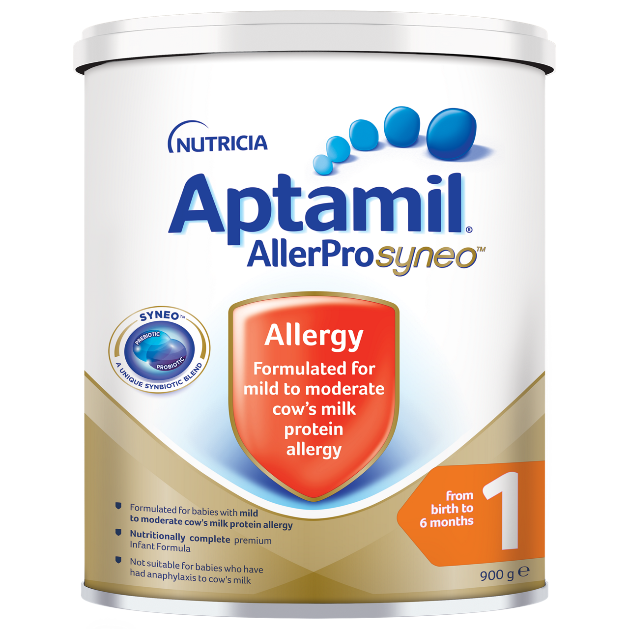 Aptamil AllerPro Syneo infant formula tin is designed for babies with mild to moderate cow's milk protein allergy. The product is suitable for infants from birth to 6 months, as indicated on the packaging. The tin features a clean, clinical design with blue and gold accents, and includes visible text such as '900 g' and '1'. Key information about allergy formulation and nutritional completeness is highlighted.