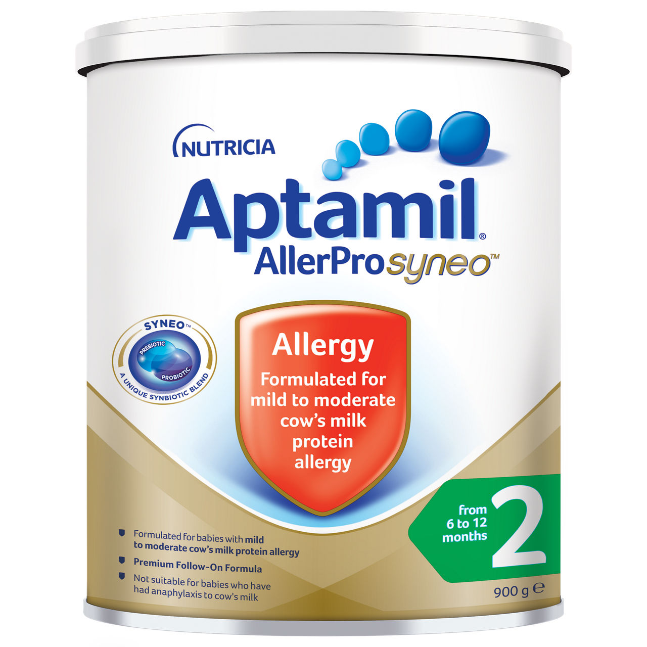 Aptamil AllerPro Syneo infant formula tin is shown, designed for babies with mild to moderate cow’s milk protein allergy. The product is intended for infants aged 6 to 12 months, as indicated by the green label with the number 2. The tin displays clear allergy information and features a blue and gold color palette. The weight '900 g' is visible on the front.