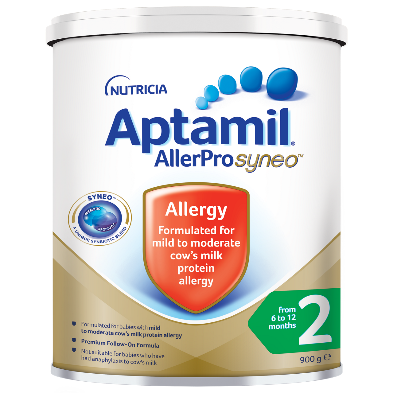 Aptamil AllerPro Syneo infant formula tin is shown, designed for babies with mild to moderate cow’s milk protein allergy. The product is intended for infants aged 6 to 12 months, as indicated by the green label with the number 2. The tin displays clear allergy information and features a blue and gold color palette. The weight '900 g' is visible on the front.